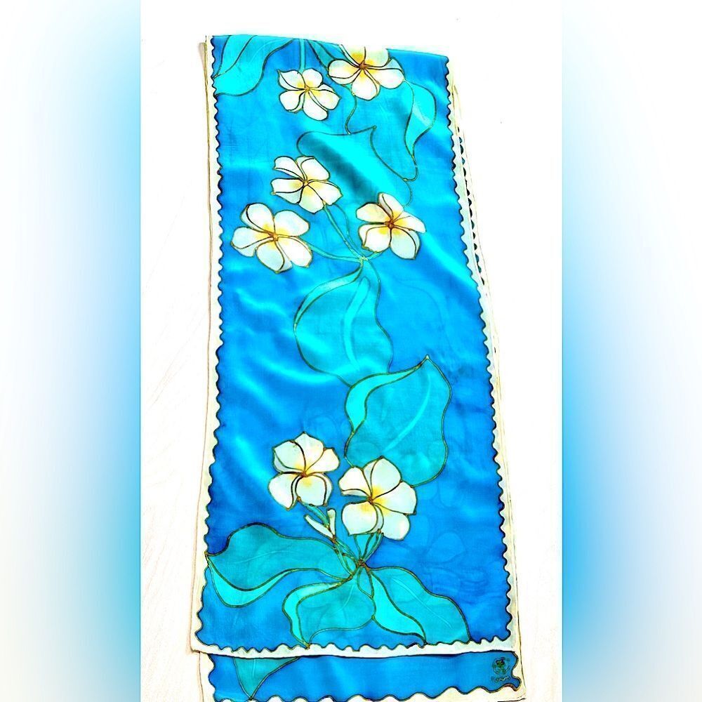 Vintage hand painted tropical floral turquoise white silk scarf